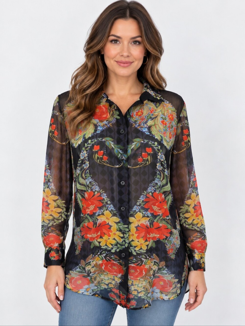 Cabi Floral Sheer Button Down Blouse Women Small Black Multicolor Tunic Shirt